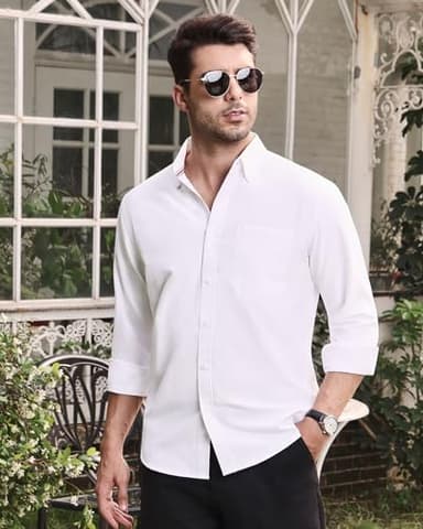 Alimens & Gentle Mens Solid Oxford Shirt Long Sleeve Button Down Shirts with Pocket White - Image 6