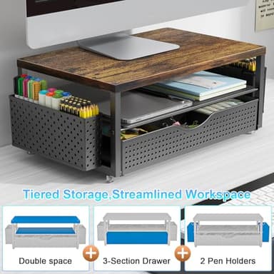 gianotter Wood Monitor Stand Riser, Office Desk Shelf Organizer, Desk Organizer with Drawer and Pen Holder, 2-Tier Computer Stand, Office Organization (Wood) - Image 5