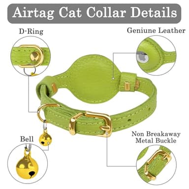 OOPSDOGGY Leather AirTag Cat Collar with Bell - Non Breakaway Kitten Collar with Apple Air Tag Holder - Lightweight GPS Pet Collars for Girl Boy Cats, Small Dogs, Puppies (Lime Green) - Image 3