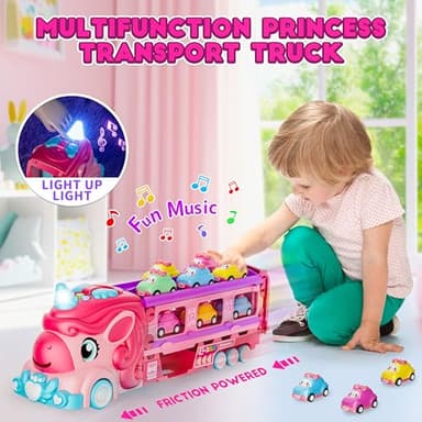 Funwee Unicorn Car Toys for 2 3 4 5 6 7 Year Old Toddler Girls,Princess Carrier Truck with Sound & Lights,2 Player Race Mode Foldable Track Pink Car Toys,Birthday Gift Idea for Kids - Image 2