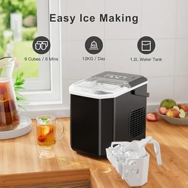 Ice Maker Countertop, Portable Ice Machine with Carry Handle, Self-Cleaning Ice Makers with Basket and Scoop, 9 Cubes in 6 Mins, 26 lbs per Day, Ideal for Home, Kitchen, Camping, RV, Black - Image 2
