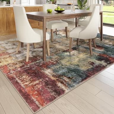 Lahome Modern Abstract 10x14 Area Rugs for Living Room, Large Washable Living Room Rug Low Pile Non Slip, Soft Accent Carpet for Bedroom Dining Room Table Home Decor Use, Red/Multi - Image 2
