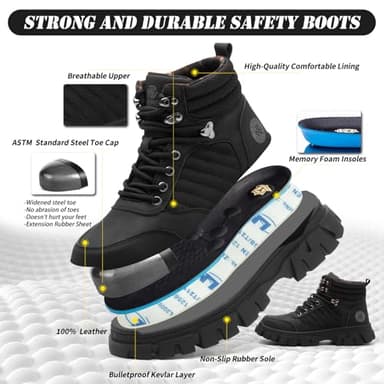 Waterproof Steel Toe Boots For Men-6 Inch Comfortable Mens Safety Work Boots Indestructible Steel Toe Shoes Lightweight Non Slip Puncture Resistant Industrial Construction Boot,Black,Size 10 men - Image 2