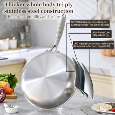 DELARLO Tri-Ply Stainless Steel Pan, 12 inch Frying Pan with Lid, Compatible with All Cooktops Up to 600℉, Fast & Even Heat, Skillet, Induction Cookware, Cooking Pan, Stir Fry Pan, Dishwasher Safe - Image 2