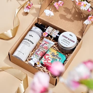 Gifts for Women BFFLOVE Gift Set for Women 5pcs Cherry Blossom Spa Set, Birthday Gifts for Her with Massage Oil, Scented Candle, Bath Salts, Hand Cream - Image 2