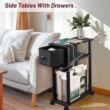 DGSANDGO Side Table with Charging Station and Drawer, Narrow End Table with USB Ports and Outlets for Small Space, Living Room, Bedroom and Office, with 4 Wheels (1, Black) - Image 4