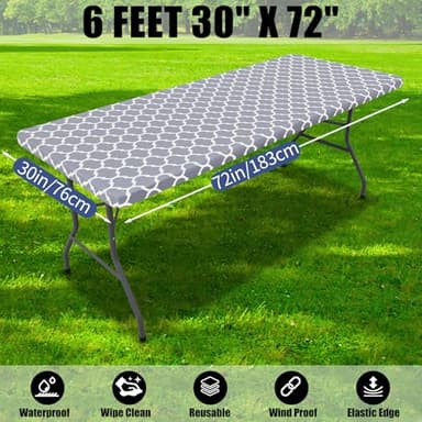 Smiry 2 Pack Rectangle Table Cloth 6 Foot, Waterproof Elastic Fitted Tablecloths, Windproof Washable Polyester Table Cover for Picnic, Camping, Outdoor (Grey, 30"x72") - Image 7
