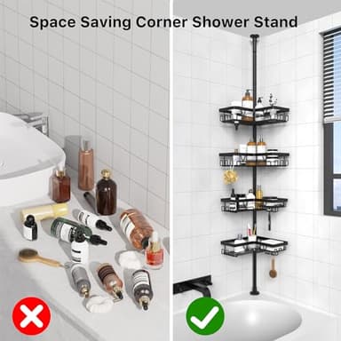 KEGII Corner Shower Caddy Tension Pole - Shower Tension Rod Organizer, Floor to Ceiling Shower Caddy 25-114.2 inch, Towel Rack Corner Waterproof, Black - Image 7