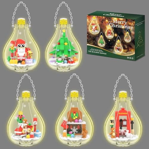 Christmas Ornaments Building Block Set, Compatible with Lego Christmas Tree Decorations Bulbs with Warm Light, Santa Claus Sleigh Phone Booth Fireplace Building Sets Gifts Stocking Stuffers (5 Pack) - Image 1