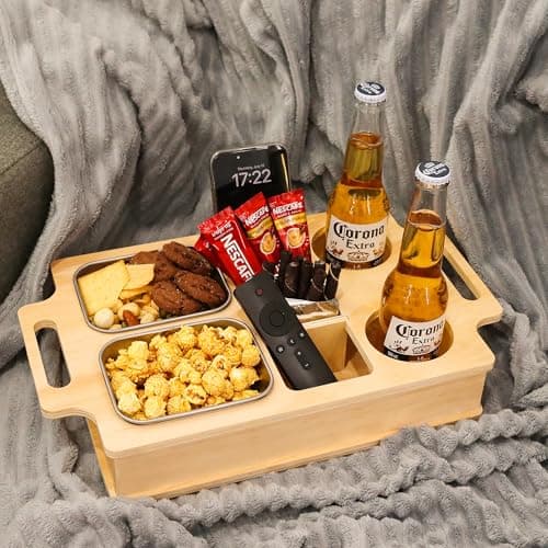 Couch Cup Holder, Movie Nights Supplies, Wooden Couch Caddy with Stainless Steel Snack Fruit Tray for Bed RV Organizer, Cup Drink Storage Anti-Spill Sofa Cup Holder for Phone Snacks Beverage Remote - Image 1