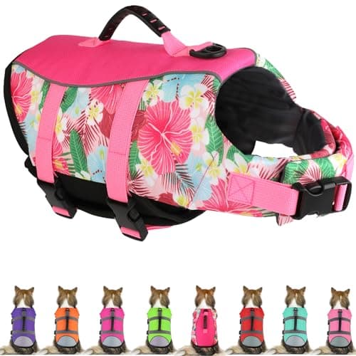 Mklhgty Hawaiian Dog Life Jacket - Adjustable Ripstop Vest with Rescue Handle for Swimming Boating, High-Flotation Safety Device for Small Medium Large Dogs (Floral Pink, XL) - Image 1