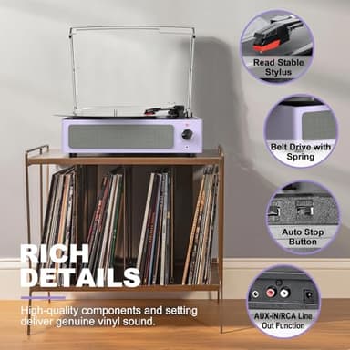 WOCKODER Turntable Vinyl Record Players New Sleek Turn Tables with Speakers Belt-Driven All-in-one LP Phonograph 3-Speed Bluetooth Wireless Playback Headphone AUX RCA Auto Stop Pale Light Purple - Image 5