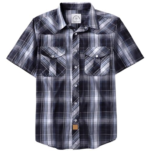 Dubinik® Western Shirts for Men Short Sleeve Plaid Pearl Snap Shirts for Men Button Up Shirt Cowboy Casual Work Shirt Black Gray - Image 1