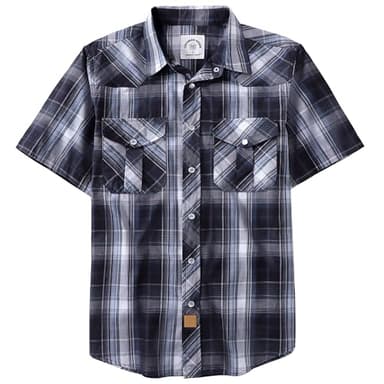 Dubinik® Western Shirts for Men Short Sleeve Plaid Pearl Snap Shirts for Men Button Up Shirt Cowboy Casual Work Shirt Black Gray - Image 1