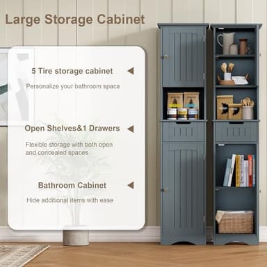 ChooChoo 67" Tall Bathroom Storage Cabinet Freestanding with Adjustable Shelves, Narrow Storage Linen Cabinet with 2 Doors and 1 Drawers for Bathroom, Living Room, Kitchen, Grey - Image 5