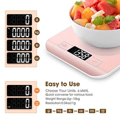 Mik-Nana Food Scale Pink, 10kg/22lb Digital Kitchen Scale Weight Grams and Oz for Baking and Cooking, 1g/0.1oz Precise Graduation, Easy Clean Stainless Steel - Image 3