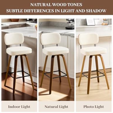 Bekrvio Swivel Counter Height Bar Stools Set of 4, 26" Upholstered Faux Leather Barstools with Back and Bent Wood Legs, Mid Century Modern Bar Chair Island Stool for Kitchen Counter, Cream White - Image 5