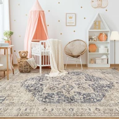 Tortania Area Rug Living Room Rugs - 7x9 Washable Boho Rug Vintage Oriental Distressed Farmhouse Large Thin Indoor Carpet for Living Room Bedroom Under Dining Table Home Office - Cream Blue - Image 3