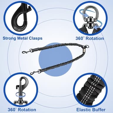 MingXpets Double Dog Leash, Dual Dog Leash, 360° Swivel Tangle Free Bungee Walking Training for Large Medium Dogs, Shock Absorbing Bungee Reflective for Two Dogs, 18~121 lbs, Black - Image 3