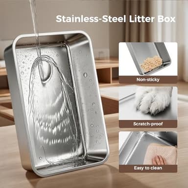 GTPLAYER Stainless Steel Litter Box, Metal XL Extra Large Litter Boxes with Lid High Sided for Big Cats and Kittens, Leak-Proof, Non-Sticky, Include Cat Step Pedal, Cat Mat and Litter Scoop - Image 4