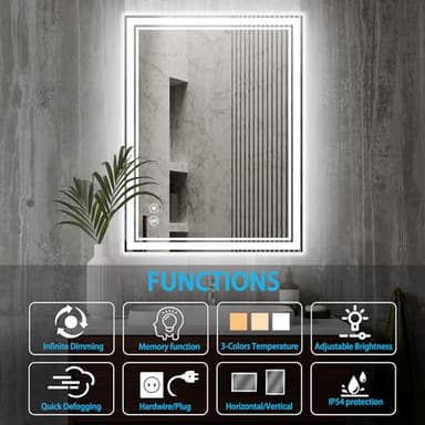 GETOVIN 24 x 36'' LED Mirror for Bathroom Anti-Fog Dimmable 3 Colors Stepless Brightness - Image 2
