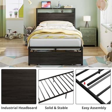 LIKIMIO Twin Bed Frames with Drawer, Storage Headboard with Outlets, No Box Spring Needed, Easy Assembly, Gray Black - Image 3