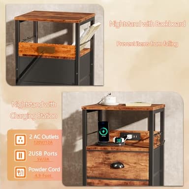 Furologee Nightstand Set of 2, Rustic Brown, with Charging Station and USB Ports, Side Tables with 2 Fabric Drawers, Bedside Tables with Storage Shelf & Hooks, for Living Room/Bedroom - Image 5
