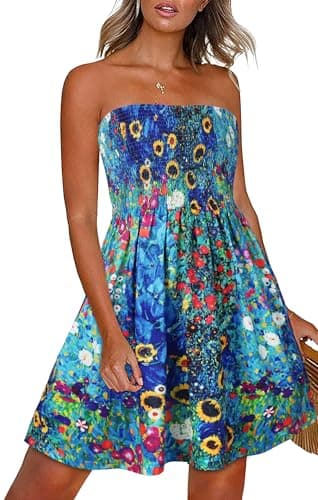 Sundresses for Women Casual Beach Summer Strapless Coverups Tube Tops Off The Shouder Dresses (Colorful Floral,XL) - Image 1