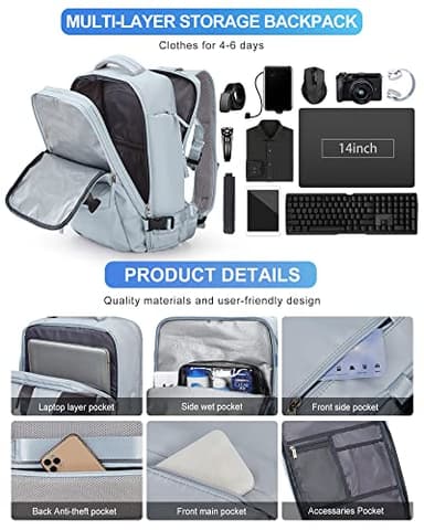 VGCUB Large Travel Backpack Bag for Women Men,Carry on Backpack,17 Inch Laptop Business Work Waterproof Backpack with Laptop Compartment,Person Item Flight Approved,Mochila de Viaje,Blue - Image 7