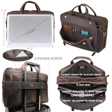 Masa Kawa Vintage Leather Briefcase for Men 17 Inch Laptop Computer Brief Case Business Travel Work Messenger Cross Body Shoulder Bags, Brown - Image 3