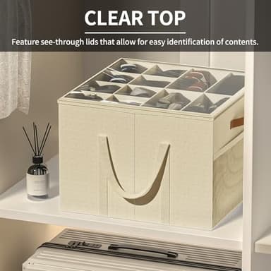 Aokeyee Shoe Storage Organizer for Closet, Large Shoe Box Storage Containers with Clear Cover and Reinforced Handles, Foldable Shoe Storage Organizer Box Bin, Fits to 12-16 Pairs, 2 Pack (Beige) - Image 2