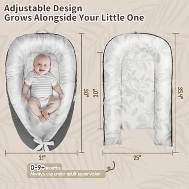 Baby Lounger - Babies Nest for Newborn, Breathable & Soft Organic Cotton Lounger, Portable Baby Lounger for Home & Travel, Ideal Newborn Essentials, Grey Leaves - Image 3