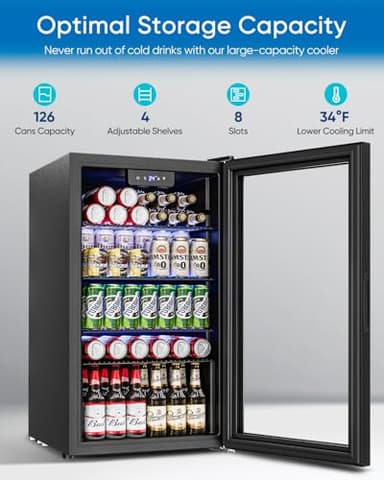 Feelfunn Beverage Refrigerator and Cooler - 126 Can Mini Fridge Glass Door for Soda Beer Wine - Freestanding Beverage Fridge for Bedroom Office Bar, 4 Adjustable Shelves, 3.2 Cu.Ft, Black - Image 2