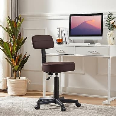 VECELO Armless Chair Rolling Stool with Backrest for Garage Shop Workbench Salon, Massage, Tattoo and Kitchen, with Wheels, Height Adjustable, Swivel, Coffee Brown - Image 8