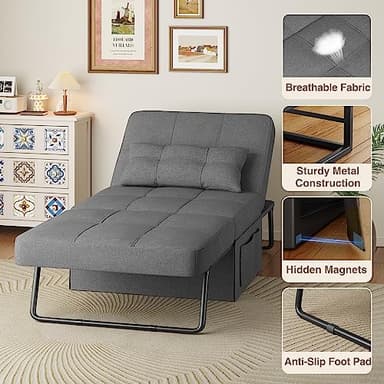 Aiho Sleeper Chair Bed 4 in 1 Sofa Bed, Assembly-Free Folding Ottoman with Adjustable Backrest and Pillow, Modern Breathable Linen Convertible Chair for Living Room Apartment Office, Dark Grey - Image 8