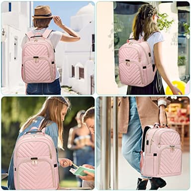 Kuosdaz Laptop Backpack for Women, Large School Backpacks for Girls,17.3 Inch Fashion Quilted College Bookbags with USB Charger, Pink Womens Travel Backpack - Image 7