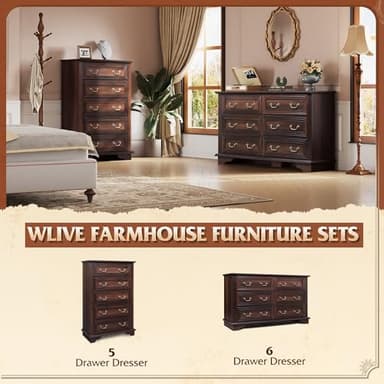 WLIVE Farmhouse Dresser for Bedroom, Tall Wood Dresser with 5 Drawer, Chest of Drawers with Roman Metal Handle for Living Room, Hallway, Closet, Brown - Image 6