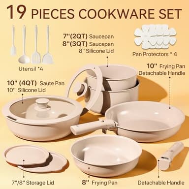 CAROTE Ceramic Cookware Sets, Pots and Pans Set Non Stick Non Toxic, Induction Cookware, Kitchen Cookware Sets, Pots Set for Healthy Coooking 19Pcs, Taupe - Image 2