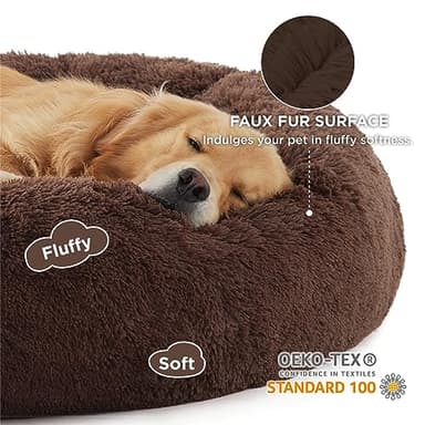 Bedsure Calming Dog Bed for Extra Large Dogs - Donut Washable Large Pet Bed, Anti-Slip Round Fluffy Plush Faux Fur Dog Bed, Fits up to 120 lbs Pets, Coffee, 45 inches - Image 2