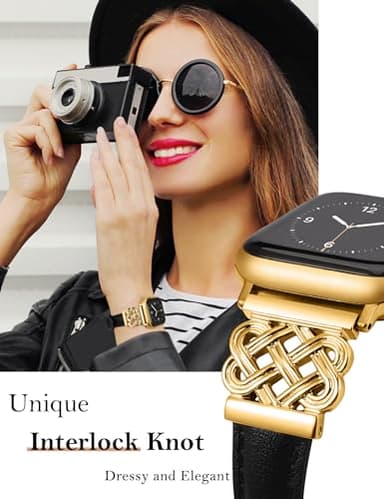 TOYOUTHS Compatible with Apple Watch Bands Women 38/40/41/42mm Dressy Slim Leather Strap with Designer Celtic Knot Interlock Buckle Bracelet for iWatch Series 11 10 9 8 7 6 5 4 SE 3 2 1, Black/Gold - Image 3
