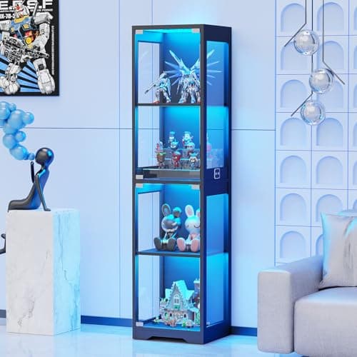 BROTTAR Glass Display Cabinet, 4-Tier Curio Cabinets with 3 Color Lights for Collectibles, Storage Cabinet with Door, Glass Display Case & Bookcase with Human Body Sensor, Black - Image 1