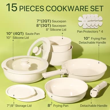 CAROTE Ceramic Cookware Sets, Pots and Pans Set Non Stick Non Toxic, Induction Cookware, kitchen cookware sets, Pots Set for Healthy Coooking 15PCS, White - Image 2