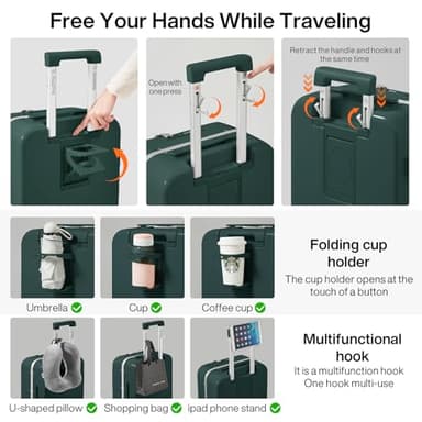 mixi Carry On Luggage with Cup Phone Holder and Charger Hard Shell Suitcases with Spinner Wheels,20 Inch Blackish Green - Image 4