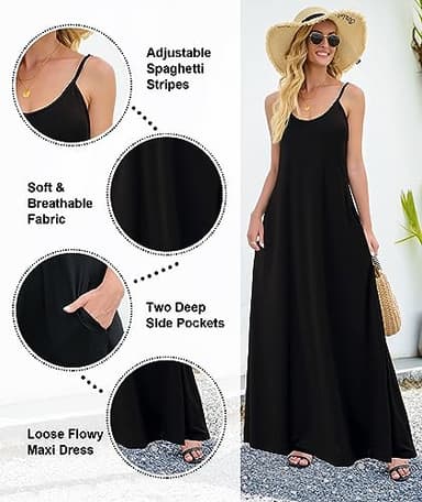 Wolddress Womens 2025 Casual Sleeveless Sundress Plus Size Loose Plain Long Summer Beach Maxi Dress with Pockets Black 1X - Image 3