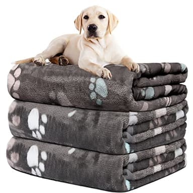 Rezutan Dog Blanket for Large Dogs, Upgraded 3 Pack Dog Cat Flannel Blankets Washable, Soft Pet Throw Cover Suitable for Kennel Crate Bed, Cute Paw Pattern, Grey, 31" x 41" - Image 1