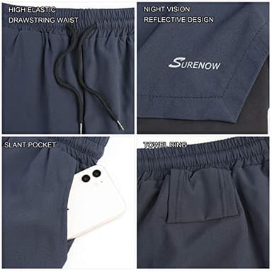 Surenow Mens 2 in 1 Running Shorts Quick Dry Athletic Shorts with Liner, Workout Shorts with Zip Pockets and Towel Loop Navy Blue - Image 4