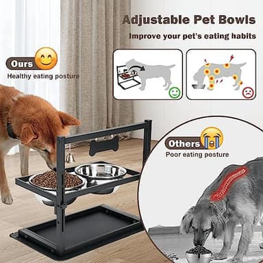 Elevated Slow Feeder Dog Bowls - Raised for Large Dogs, Adjustable Height, 2 Stainless Steel Bowls, Spill Proof Mat, Grey - Image 2