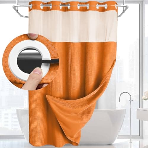 YellyHommy No Hook Shower Curtain with Snap in Liner Set Less Time Waffle Shower Curtain for Bathroom 75" L x 72" W Orange - Image 1