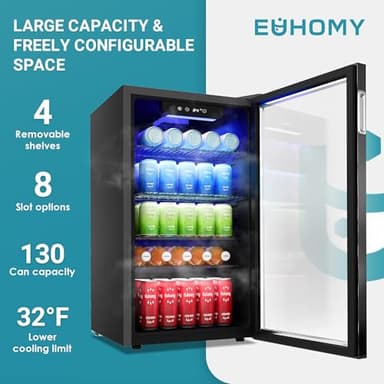 EUHOMY Beverage Refrigerator Cooler, 130 Can Mini Fridge with Glass Door for Soda Beer or Wine, Beverage Cooler for Home, Office, Bar with Adjustable Removable Shelves, Black - Image 3