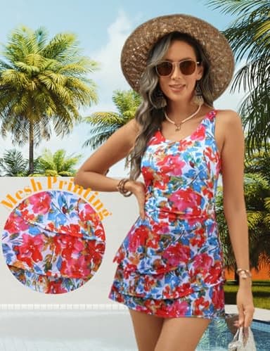 VIMPUNEC Women One Piece Swim Dress Swimsuit Tummy Control Modest Swim Skirt Bathing Suit Red Floral L - Image 4